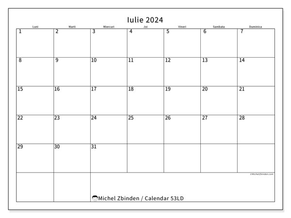 Calendar iulie 2024, 53DS. Program imprimabil gratuit.