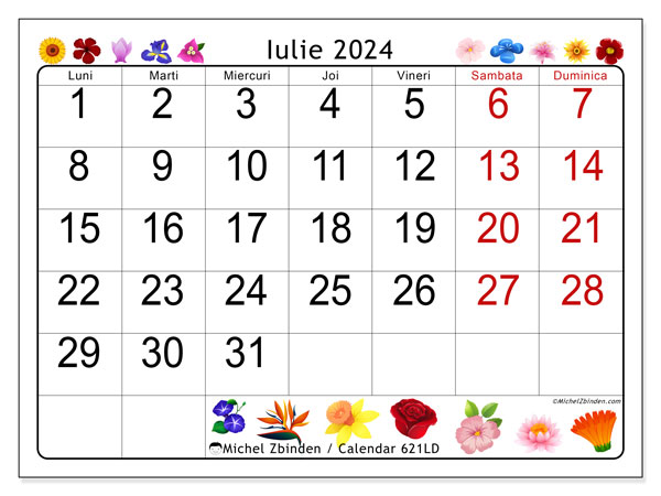 Calendar iulie 2024, 621LD. Program imprimabil gratuit.