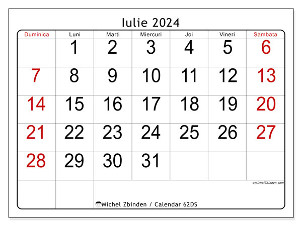 Calendar iulie 2024, 62DS. Program imprimabil gratuit.