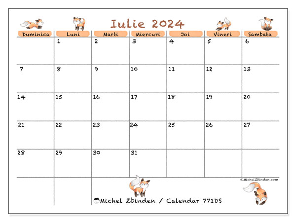 Calendar iulie 2024, 771DS. Program imprimabil gratuit.