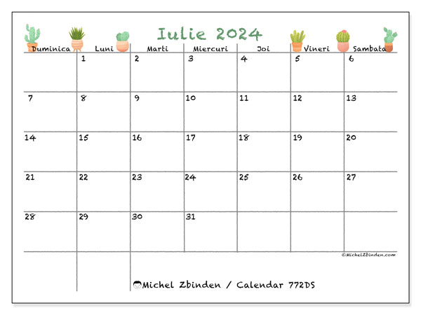Calendar iulie 2024 “772”. Calendar pentru imprimare gratuit.. Duminică până sâmbătă