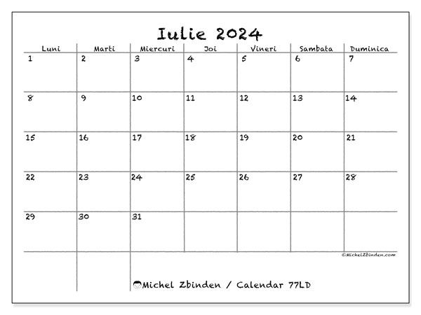 Calendar iulie 2024 “77”. Jurnal imprimabil gratuit.. Luni până duminică