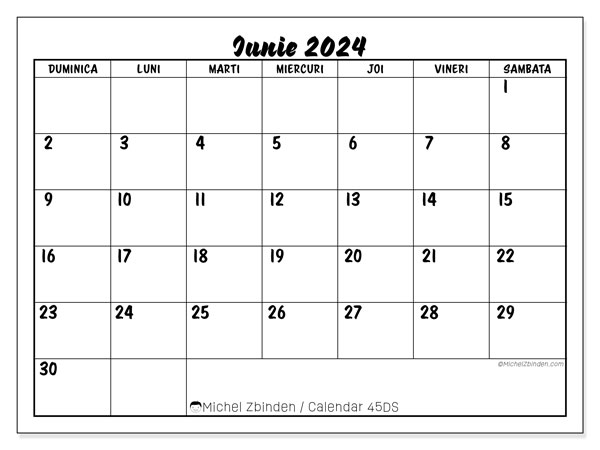 Calendar iunie 2024 “45”. Program imprimabil gratuit.. Duminică până sâmbătă