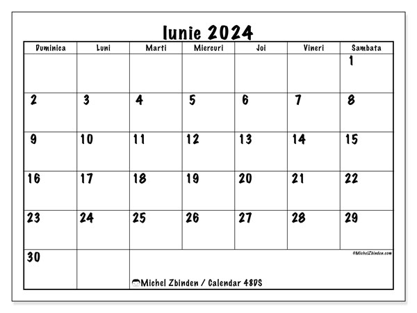Calendar iunie 2024, 48DS, gata de a fi tipărite și gratuite.