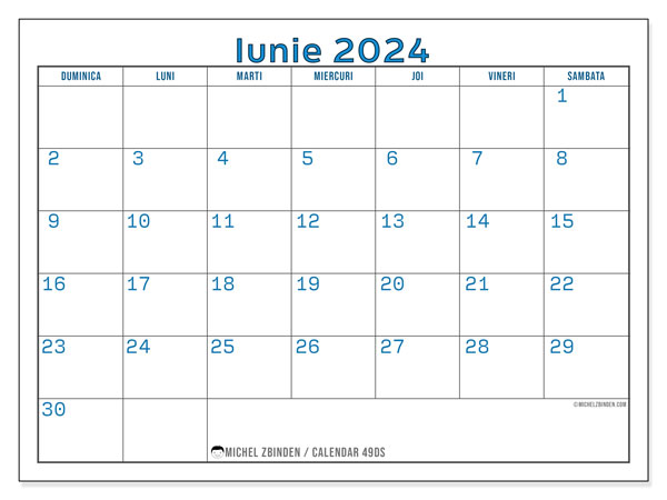 Calendar iunie 2024, 49DS. Calendar pentru imprimare gratuit.