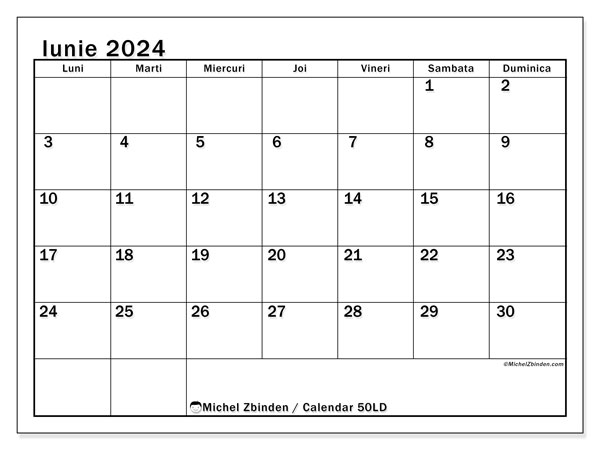 50LD, calendar iunie 2024, pentru tipar, gratuit.