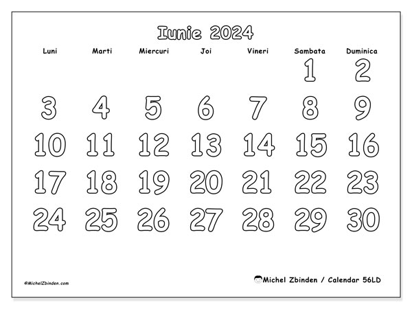 56LD, calendar iunie 2024, pentru tipar, gratuit.