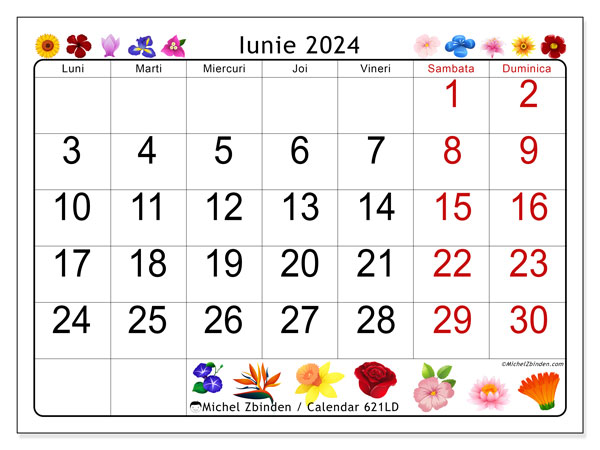 Calendar iunie 2024 “621”. Plan pentru imprimare gratuit.. Luni până duminică
