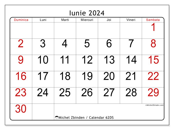 Calendar iunie 2024 “62”. Calendar pentru imprimare gratuit.. Duminică până sâmbătă