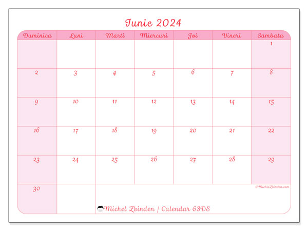 Calendar iunie 2024 “63”. Program imprimabil gratuit.. Duminică până sâmbătă