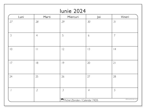 Calendar iunie 2024, 74DS. Plan pentru imprimare gratuit.