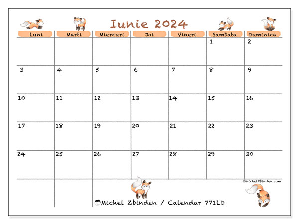 Calendar iunie 2024 “771”. Plan pentru imprimare gratuit.. Luni până duminică