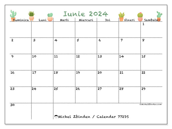 Calendar iunie 2024, 772DS. Calendar pentru imprimare gratuit.