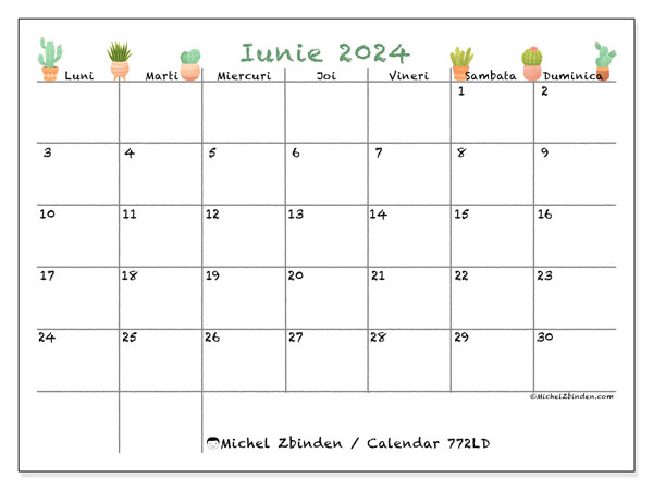 Calendar iunie 2024 “772”. Plan pentru imprimare gratuit.. Luni până duminică