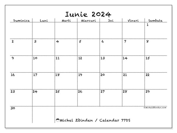 Calendar iunie 2024 “77”. Program imprimabil gratuit.. Duminică până sâmbătă