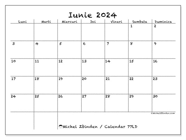 77LD, calendar iunie 2024, pentru tipar, gratuit.