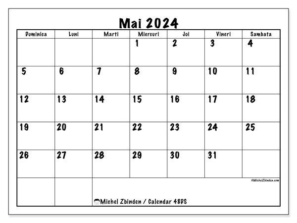 Calendar mai 2024, 48DS. Program imprimabil gratuit.