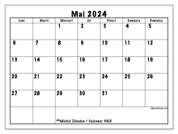 48LD, calendar mai 2024, pentru tipar, gratuit.
