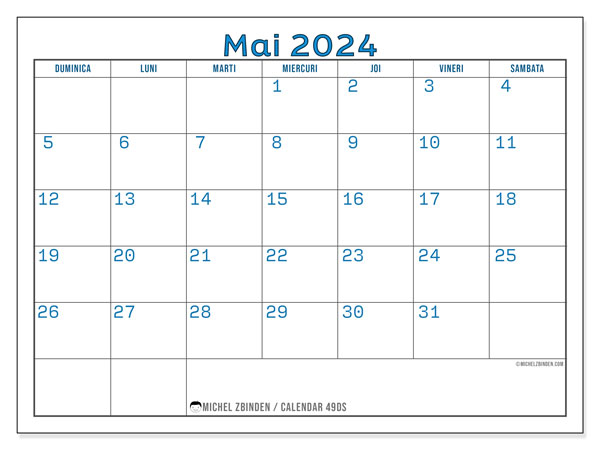 Calendar mai 2024 “49”. Calendar pentru imprimare gratuit.. Duminică până sâmbătă