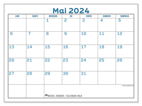 Calendar mai 2024, 49DS. Jurnal imprimabil gratuit.