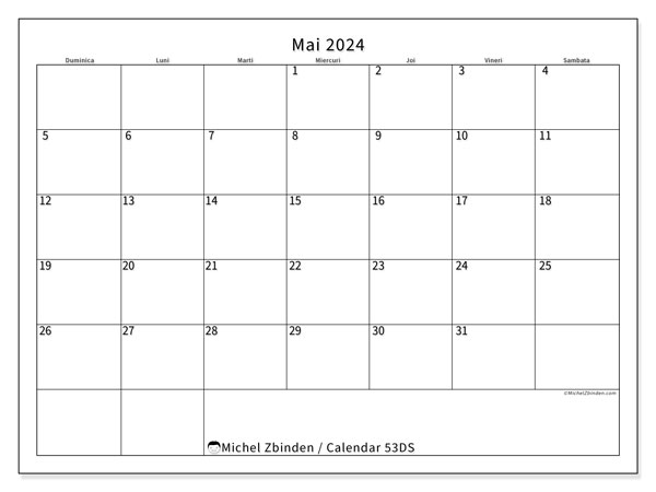 Calendar mai 2024, 53DS. Jurnal imprimabil gratuit.
