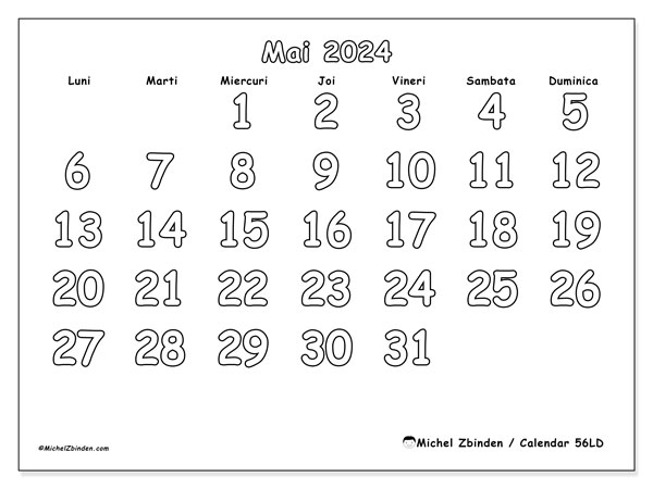 56LD, calendar mai 2024, pentru tipar, gratuit.