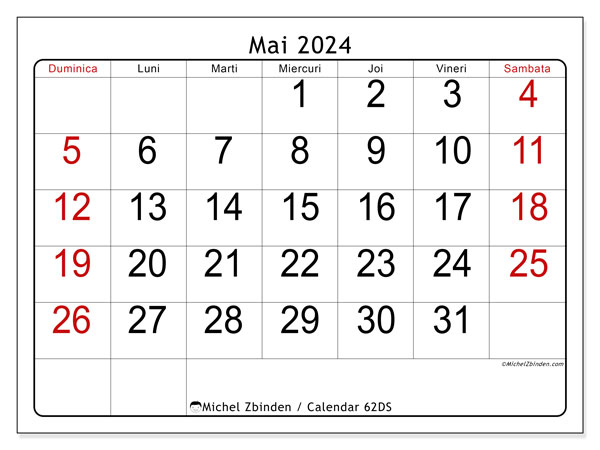 Calendar mai 2024, 62DS. Program imprimabil gratuit.