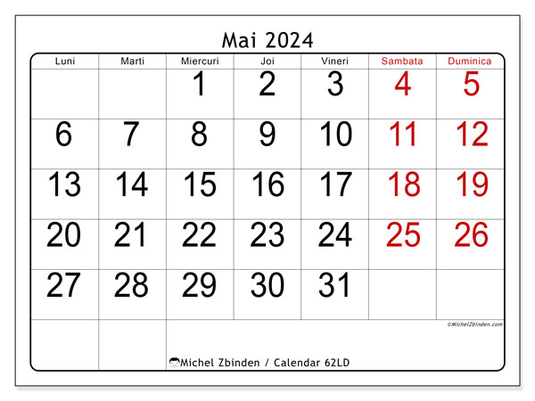Calendar mai 2024, 62DS. Jurnal imprimabil gratuit.