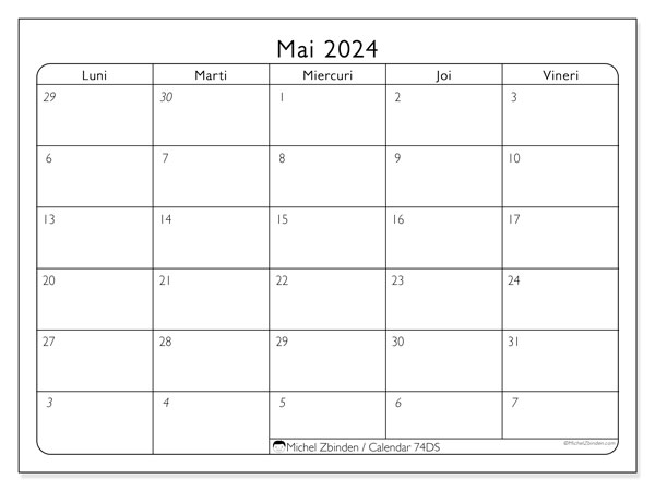 Calendar mai 2024, 74DS. Program imprimabil gratuit.