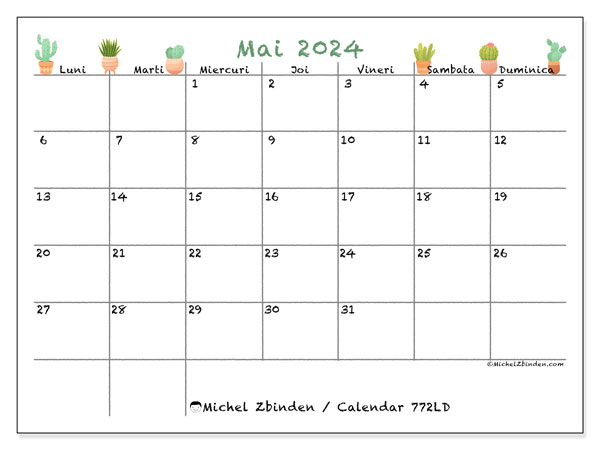 Calendar mai 2024, 772LD. Program imprimabil gratuit.