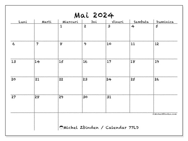 77LD, calendar mai 2024, pentru tipar, gratuit.