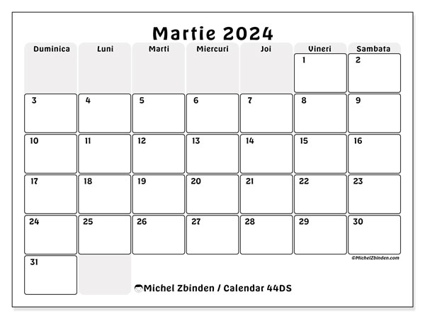 Calendar martie 2024, 44DS. Calendar pentru imprimare gratuit.