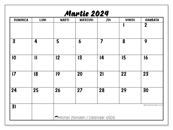 Calendar martie 2024, 45DS. Program imprimabil gratuit.