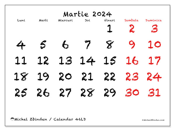 Calendar martie 2024 “46”. Calendar pentru imprimare gratuit.. Luni până duminică