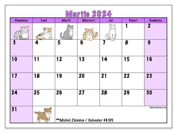 Calendar martie 2024, 481DS. Calendar pentru imprimare gratuit.