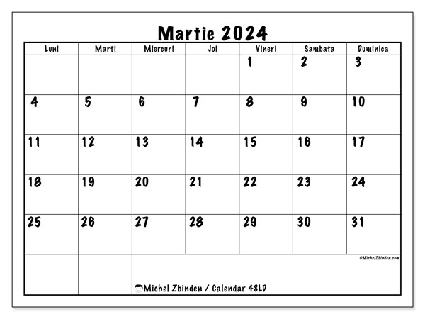 Calendar martie 2024, 48LD. Plan pentru imprimare gratuit.