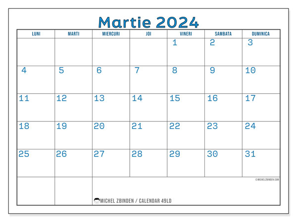 Calendar martie 2024, 49DS. Plan pentru imprimare gratuit.