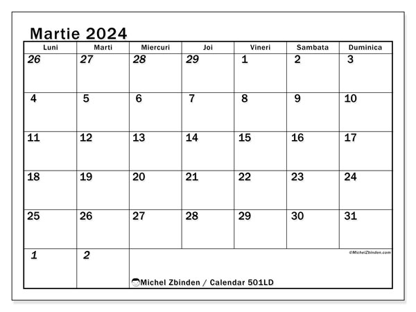 Calendar martie 2024, 501DS. Calendar pentru imprimare gratuit.