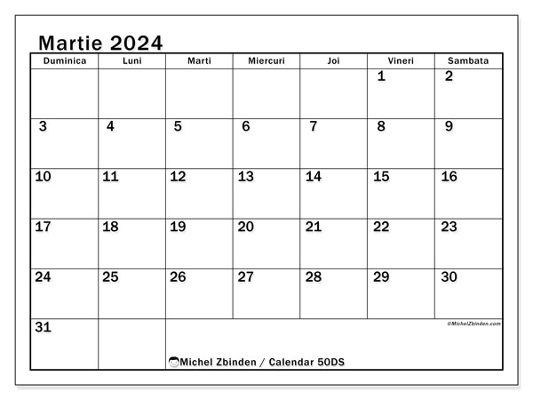 Calendar martie 2024 “50”. Plan pentru imprimare gratuit.. Duminică până sâmbătă