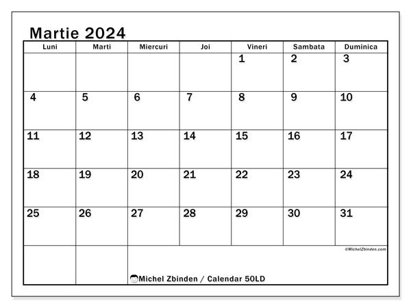 Calendar martie 2024, 50DS. Calendar pentru imprimare gratuit.