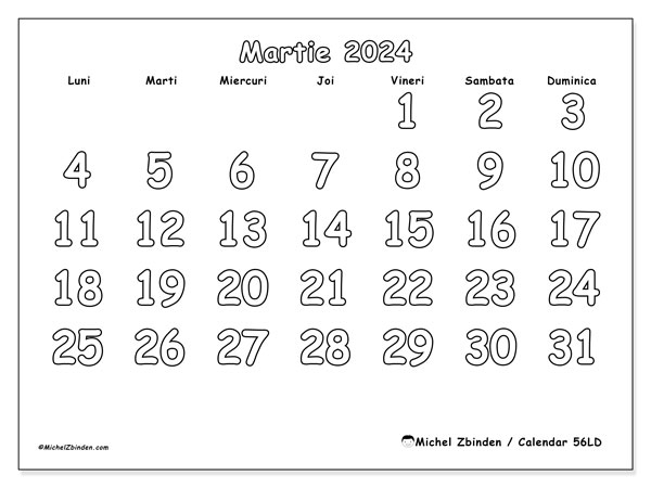 Calendar martie 2024, 56LD. Plan pentru imprimare gratuit.
