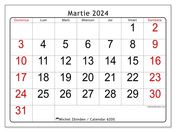 Calendar martie 2024, 62DS. Plan pentru imprimare gratuit.