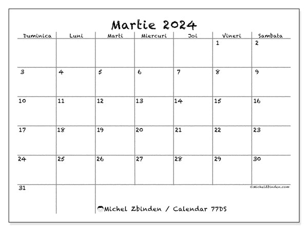 Calendar martie 2024, 77DS. Program imprimabil gratuit.