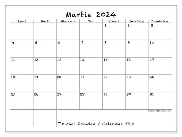 Calendar martie 2024, 77DS. Program imprimabil gratuit.