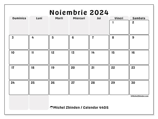 Calendar noiembrie 2024 “44”. Calendar pentru imprimare gratuit.. Duminică până sâmbătă