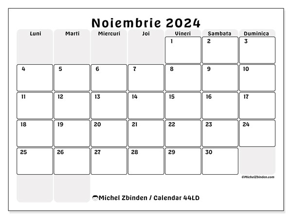 Calendar noiembrie 2024 “44”. Calendar pentru imprimare gratuit.. Luni până duminică
