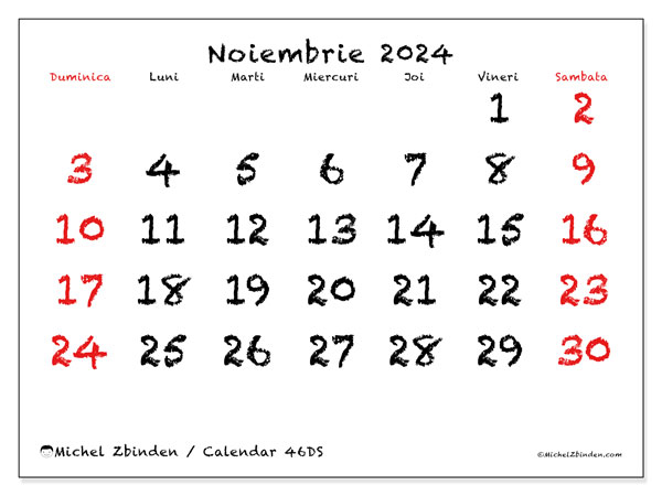 Calendar noiembrie 2024 “46”. Jurnal imprimabil gratuit.. Duminică până sâmbătă