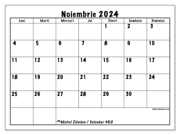 Calendar noiembrie 2024 “48”. Program imprimabil gratuit.. Luni până duminică