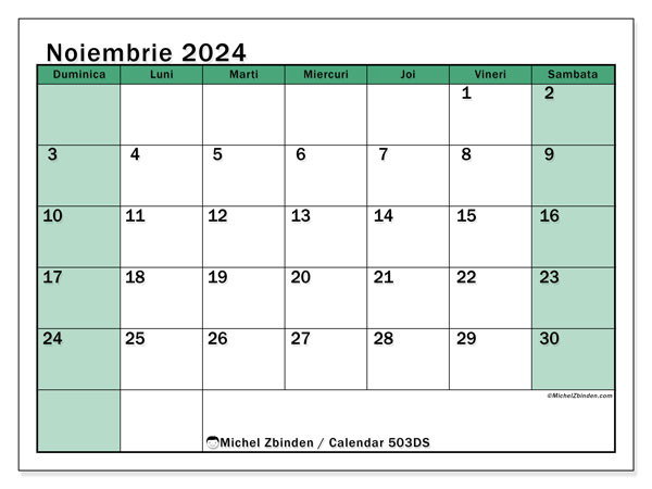 Calendar noiembrie 2024 “503”. Plan pentru imprimare gratuit.. Duminică până sâmbătă