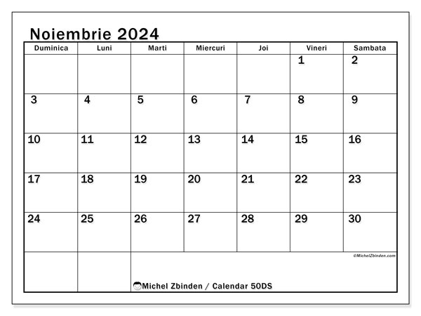 Calendar noiembrie 2024 “50”. Plan pentru imprimare gratuit.. Duminică până sâmbătă